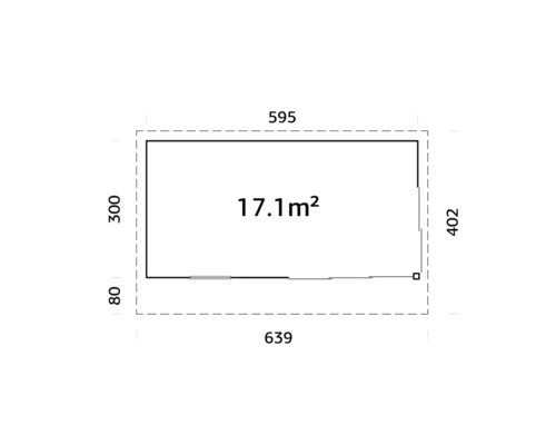 Planritning med måtten 300 x 595 x 402 x 639 och en yta på 17,1 kvadratmeter.