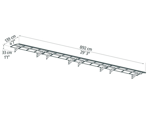 Mått på ett tak med en längd på 892 centimeter, ett djup på 139 centimeter och en höjd på 33 centimeter.