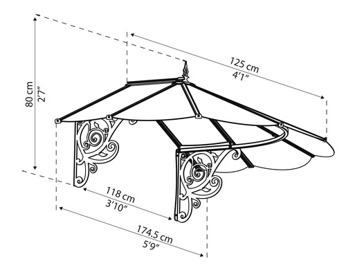 Teknisk ritning av ett dörrtak med måttangivelser