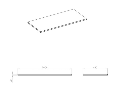 Teknisk ritning av en arbetsbänk med måtten 1008 x 460 x 20 mm
