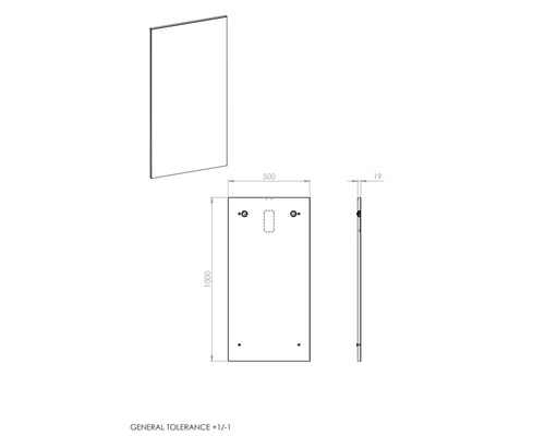 Teknisk ritning av en spegel med mått