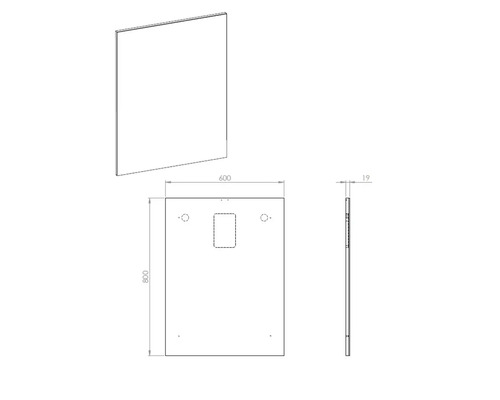 Teknisk ritning av ett badkar med måtten 600 x 800 x 19 mm.