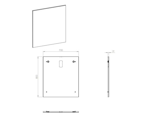 Teknisk ritning av en spegel med måtten 800 gånger 700 millimeter och en tjocklek på 19 millimeter.