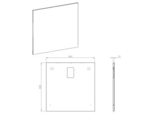 Teknisk ritning av en duschvägg, 800x800x19 millimeter