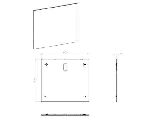 Teknisk ritning av en spegel med måtten 900 x 800 x 19 millimeter
