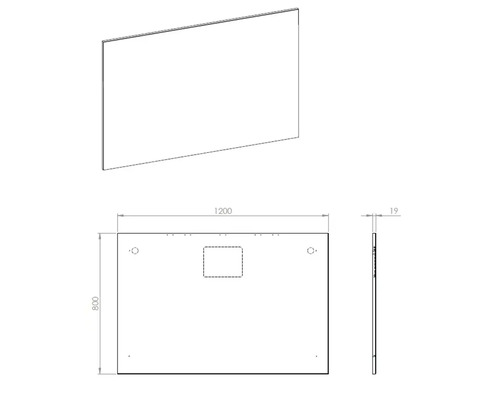 Teknisk ritning av en spegel med måtten 1200 x 800 x 19 millimeter.