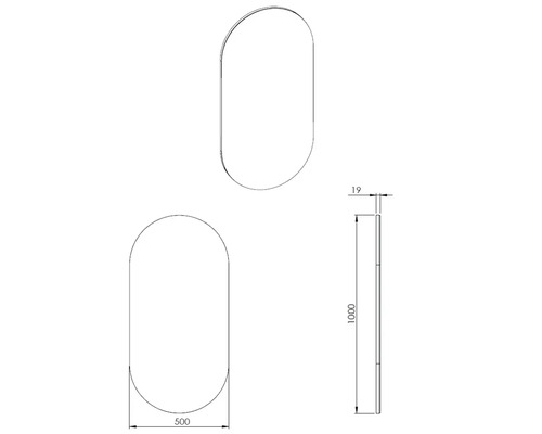 Teknisk ritning av en spegel med dimensioner