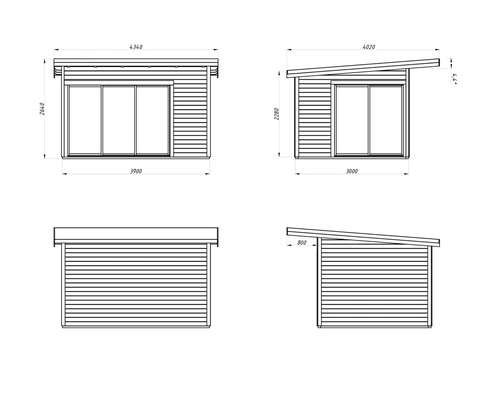 Teknisk ritning av ett trädgårdshus med pulpettak och skjutdörr