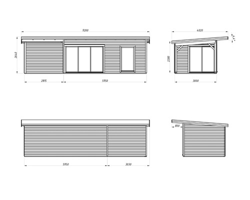 Teknisk ritning av ett trädgårdshus med mått.
