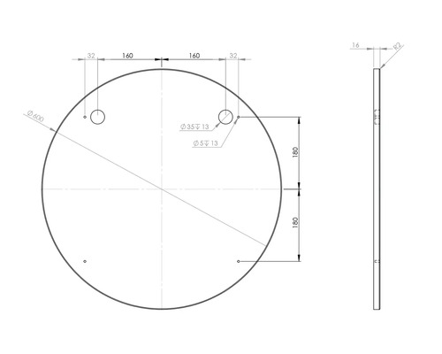 Teknisk ritning av en rund platta med mått