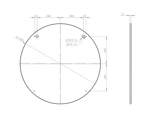 Teknisk ritning av en rund platta med måttangivelser