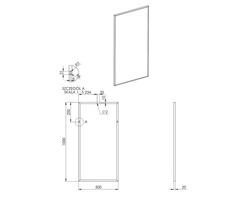 Teknisk ritning av en rektangulär spegel med måttangivelser