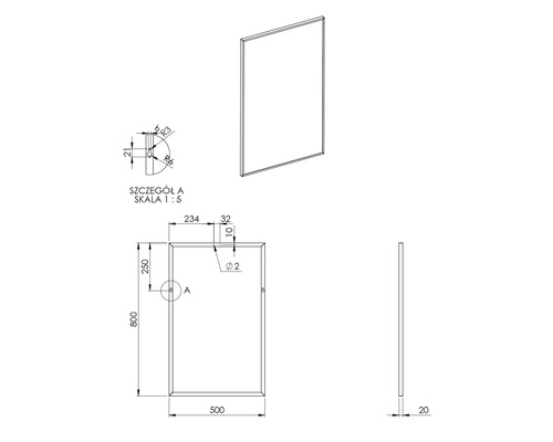 Teknisk ritning av en rektangulär spegel med mått