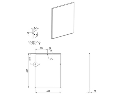 Teknisk ritning av en spegel med mått