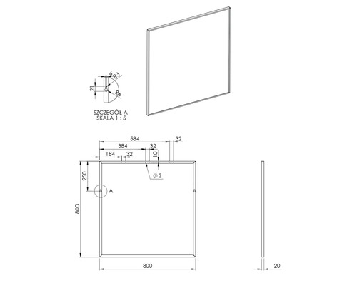 Teknisk ritning av en rektangulär platta med mått.