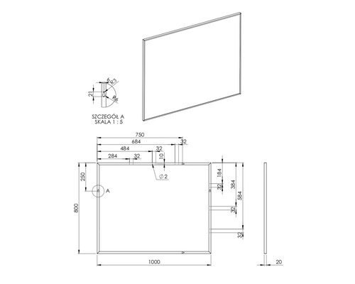 Teknisk ritning av en rektangulär spegel med mått