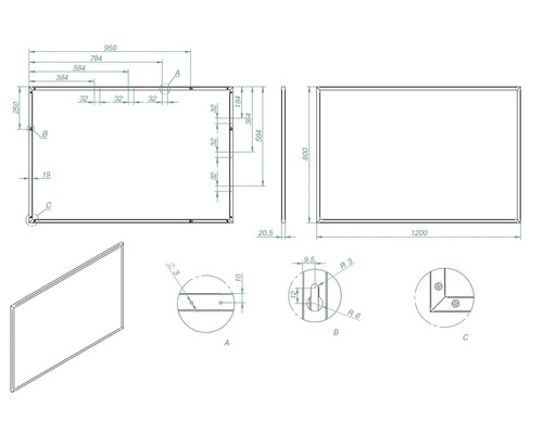 Teknisk ritning av en rektangulär platta med måttangivelser