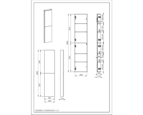 Teknisk ritning av ett skåp med mått