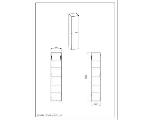 Teknisk ritning av ett högskåp med mått.