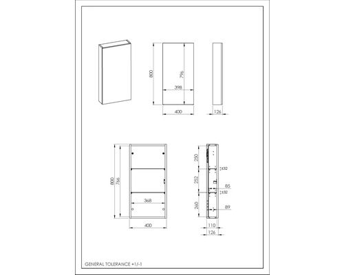 Teknisk ritning av badrumsspegelskåp med mått