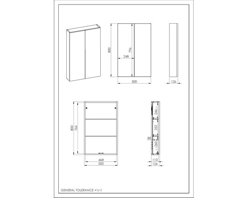 Teknisk ritning av ett spegelskåp med mått