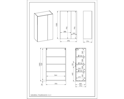 Teknisk ritning av ett badrumsskåp med mått