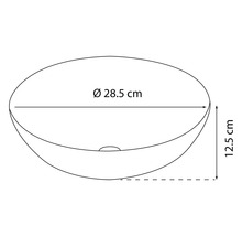 Ritning av en tvättskål med måtten 28,5 cm i diameter och 12,5 cm i höjd