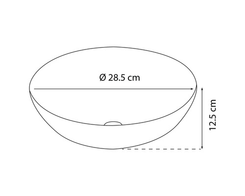 Skiss över en tvättställsstorlek med 28,5 cm diameter och 12,5 cm höjd