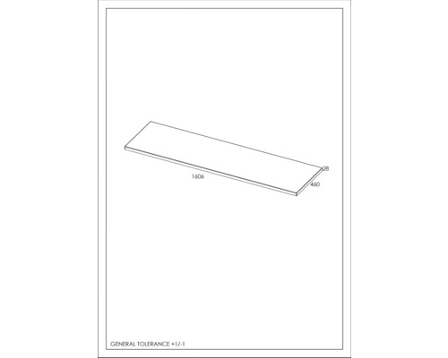Teknisk ritning av en bordsskiva med måtten 1606 x 460 x 28 millimeter.