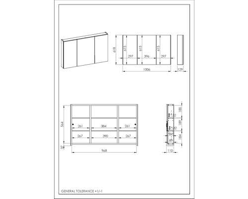 Teknisk ritning av ett spegelskåp med mått