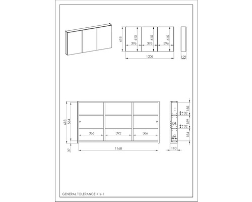 Teknisk ritning av ett spegelskåp med mått