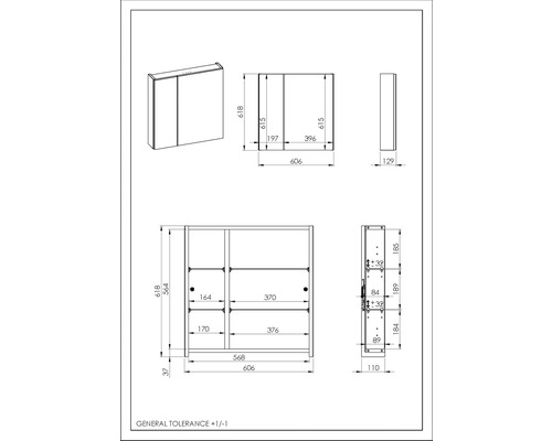 Teknisk ritning av ett spegelskåp med mått