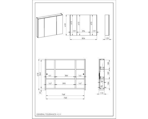Teknisk ritning av ett spegelskåp med mått.
