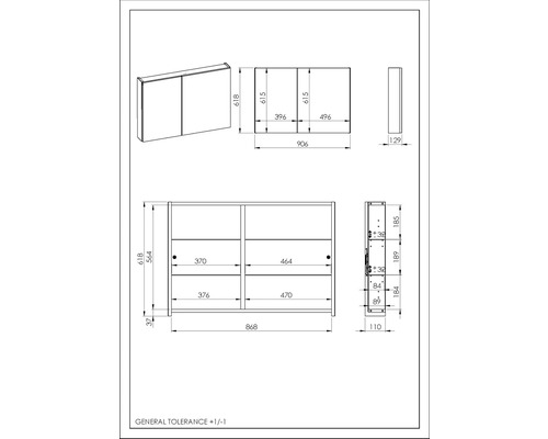 Teknisk ritning av ett spegelskåp med mått