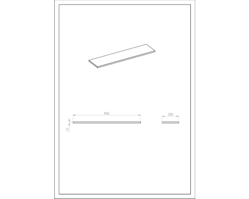Teknisk ritning av en platta med måtten 806 x 200 x 15 millimeter.