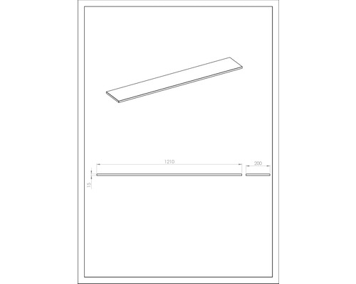 Teknisk ritning av en bänkskiva med måtten 1210 x 200 x 15 millimeter.