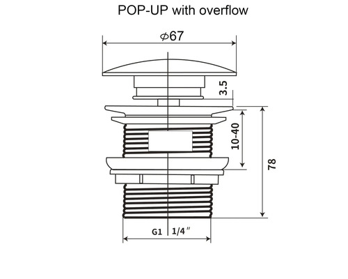 Teknisk ritning av en popup-ventil med överfyllnadsskydd, mått anges