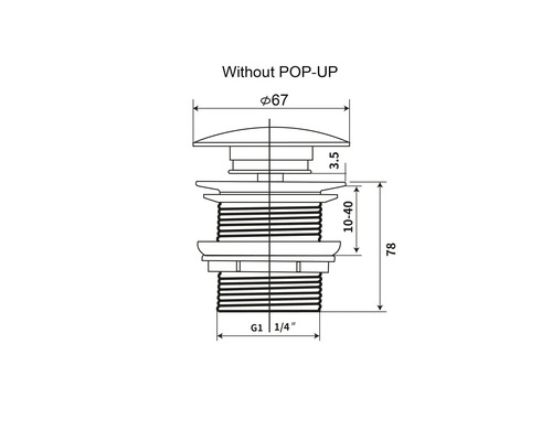 Teknisk ritning av en avloppsventil utan pop-up-funktion med måttuppgifter