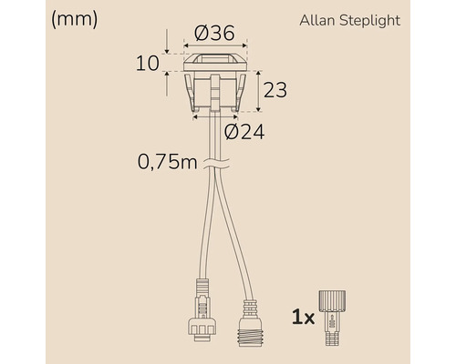 Teknisk ritning av Allan Steplight med måttangivelser