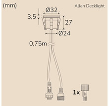 Teknisk ritning Allan Decklight med mått i millimeter