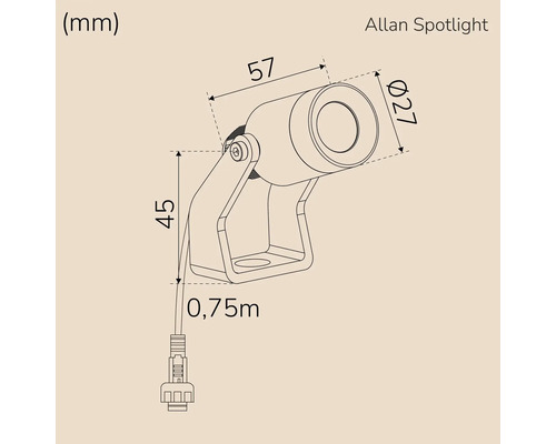 Teknisk ritning av en Allan spotlight med mått i millimeter