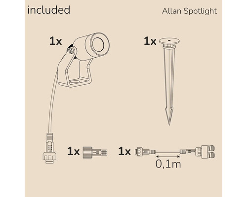 Allan Spotlight Ingår: strålkastare, jordspett, anslutningsstycke och förlängningskabel
