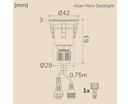 Teknisk ritning av Allan More däcklampa med måttangivelser