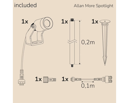 Allan More Spotlight ingår: en spotlight, ett jordspett, en förlängningsdel på 0,2 meter och en förlängningskabel på 0,1 meter