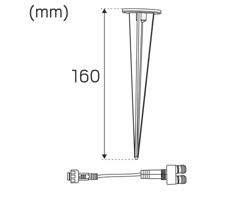 Teknisk ritning av ett jordspett med måtten 160 millimeter.