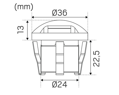 Teknisk ritning av en monteringsdetalj med måtten 36 mm diameter upptill, 24 mm diameter nedtill, 13 mm höjd upptill och 22,5 mm höjd på sidan