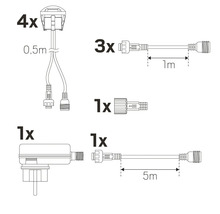 Schematisk representation av en fördelare, anslutningsstycken och en kabel med en längd på fem meter