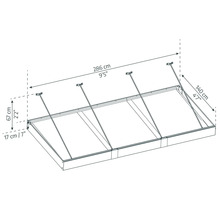 Ritning av en takplåtsram med måtten 286 gånger 140 centimeter och en höjd på 67 centimeter