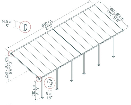Teknisk ritning av ett altantak med mått