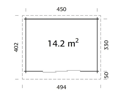Planritning med måtten 450 x 402 cm och en yta på 14,2 kvadratmeter